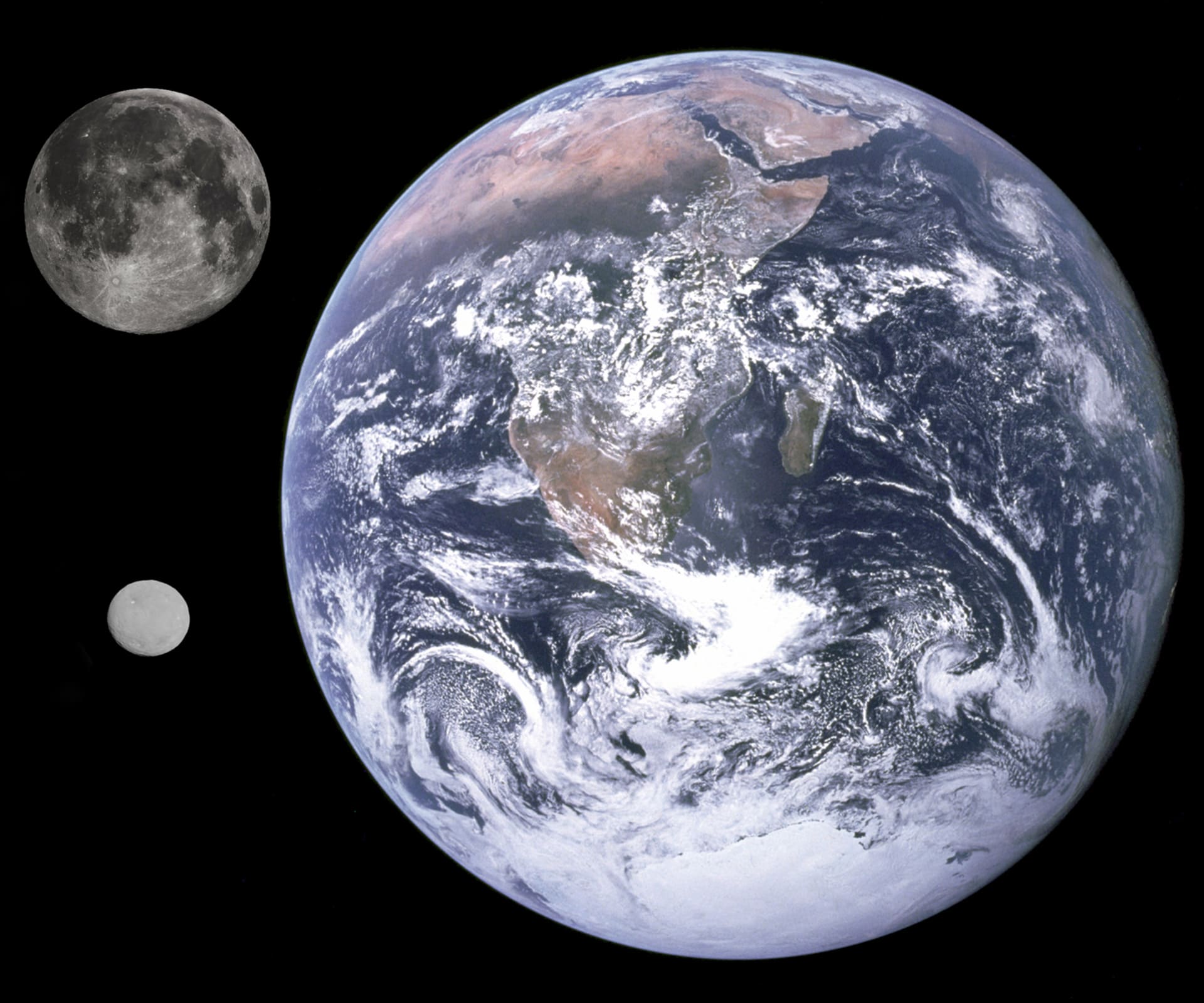 Srovnání rozměrů největšího tělesa z pásu asteroidů mezi Marsem a Jupiterem, tzv. trpasličí planety nazvané Ceres (vlevo dole), se Zemí a Měsícem.