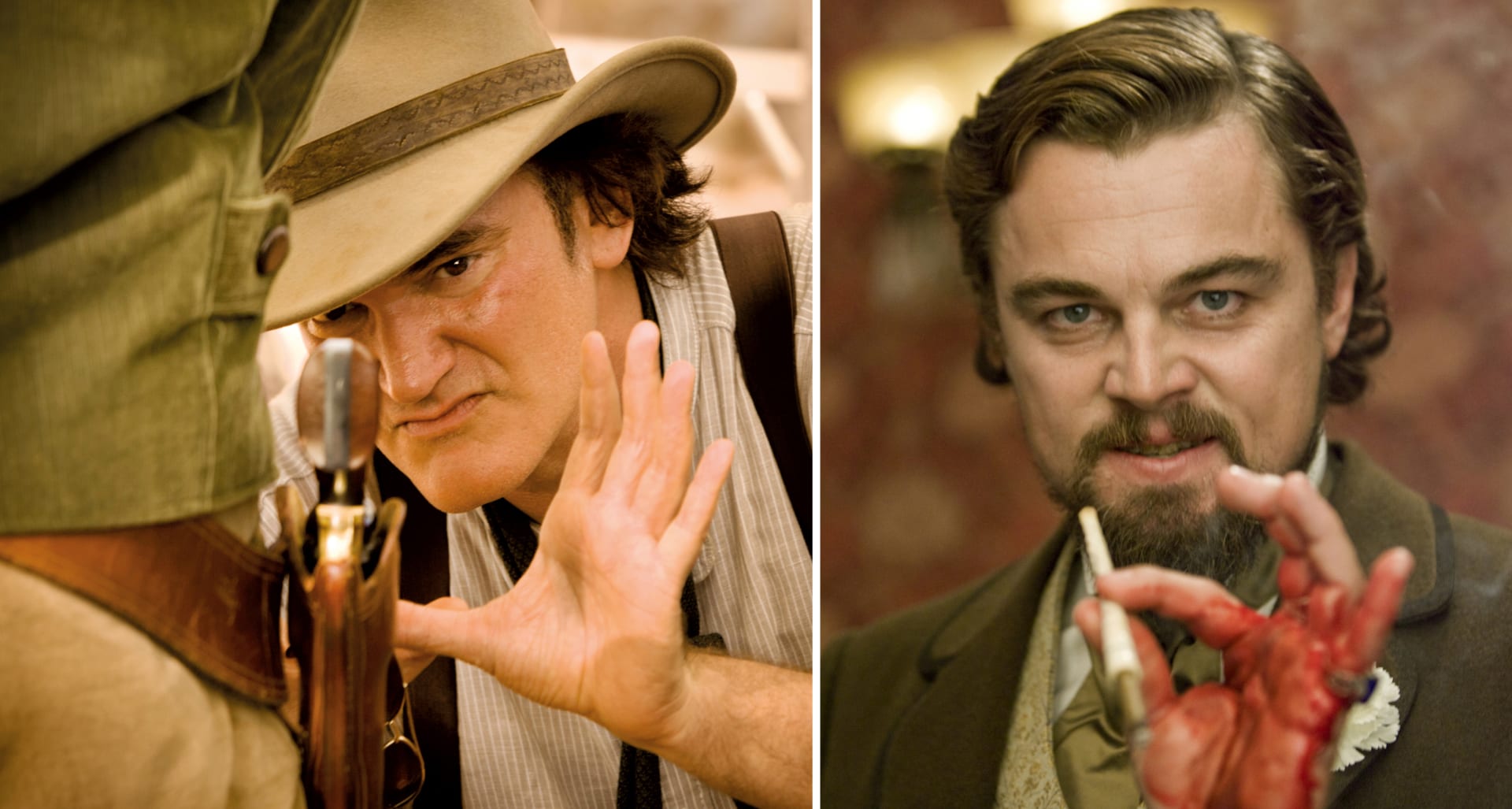 Quentin Tarantino a Leonardo DiCaprio, který se představí v jedné z hlavních rolí připravovaného filmu. Oba záběry jsou z filmu nespoutaný Django.