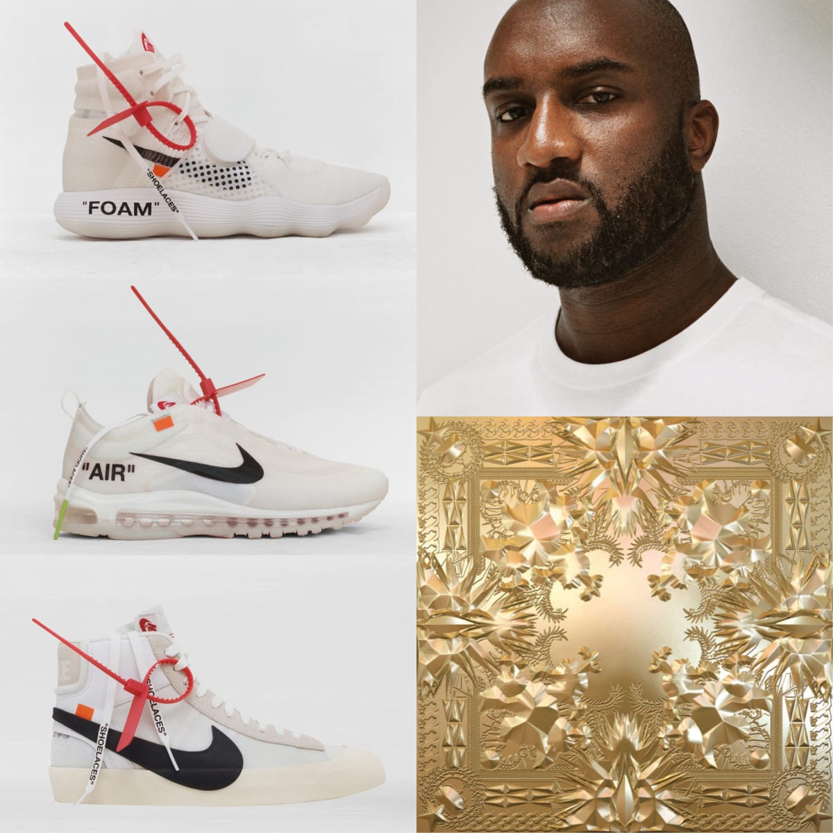 Virgil Abloh navrhl úspěšnou kolekci obuvi The Ten, ale například také obal alba Kanye Westa a Jay-Z.