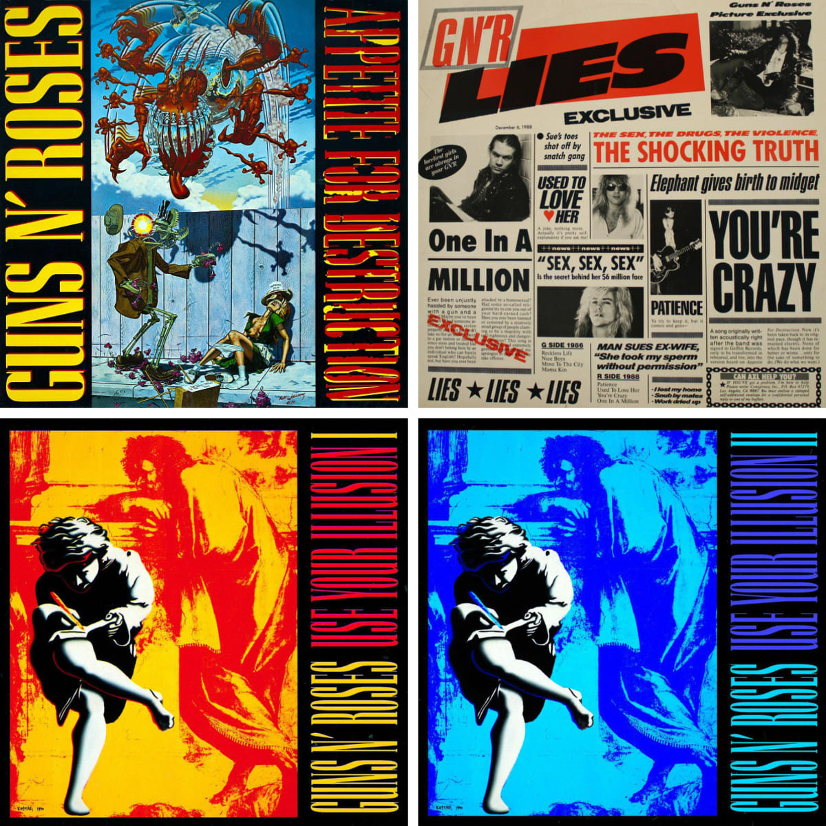 Appetite for Destruction (1987), G N´R Lies (1988) a Use Your Illusion I&II (1991). První a možná i nejlepší alba Guns N’Roses.
