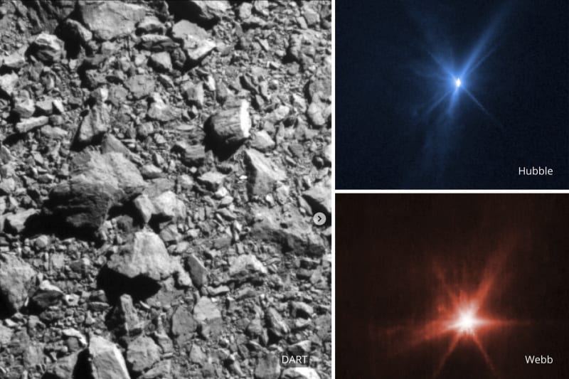 Tato kombinace snímků poskytnutých NASA ukazuje tři různé pohledy na dopad sondy DART na planetku Dimorphos v pondělí 26. září 2022. Vlevo je pohled z přední kamery sondy DART, vpravo nahoře z Hubbleova vesmírného dalekohledu a vpravo dole z vesmírného dalekohledu Jamese Webba.