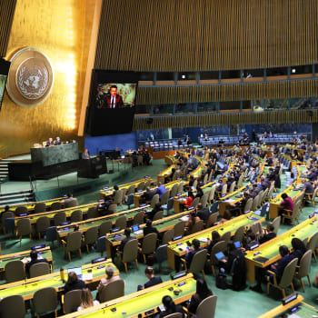 Stálý zástupce Ukrajiny při OSN Sergej Kyslycja hovoří během zvláštního zasedání Valného shromáždění OSN 10. října 2022 v New Yorku. 
