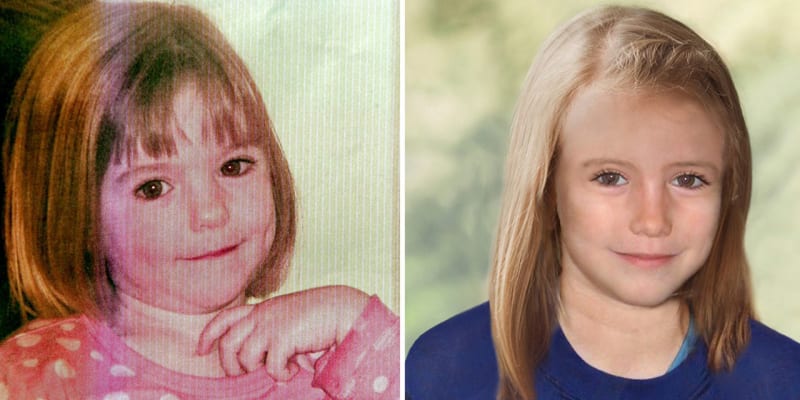 Madeleine McCannová ve 3 letech (vlevo) a její možný vzhled v 9 letech (vpravo)