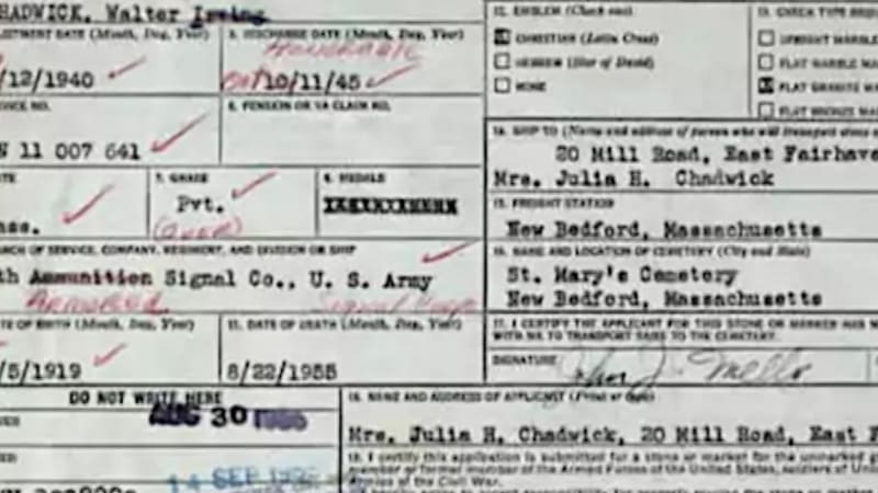 Dokumenty zmiňující amerického vojáka Waltera Chadwicka.