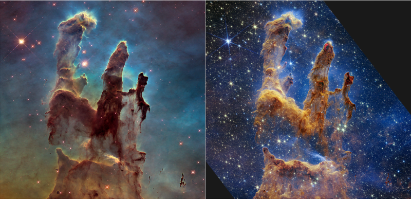 Vlevo snímek Hubbleova teleskopu z roku 2014, vpravo nový snímek teleskopu Jamese Webba 