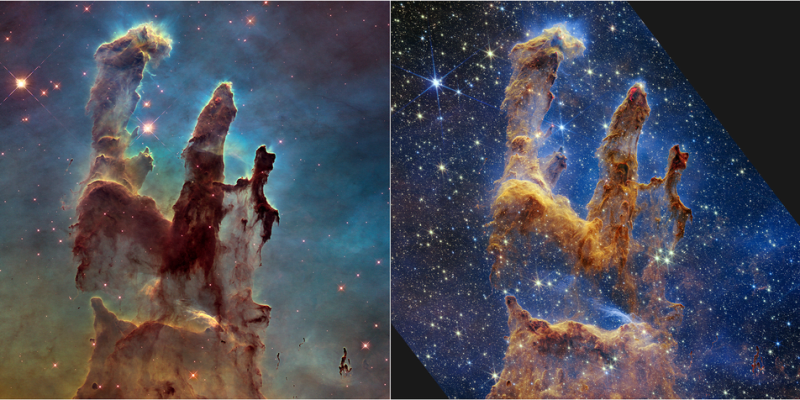 Vlevo snímek Hubbleova teleskopu z roku 2014, vpravo nový snímek teleskopu Jamese Webba 