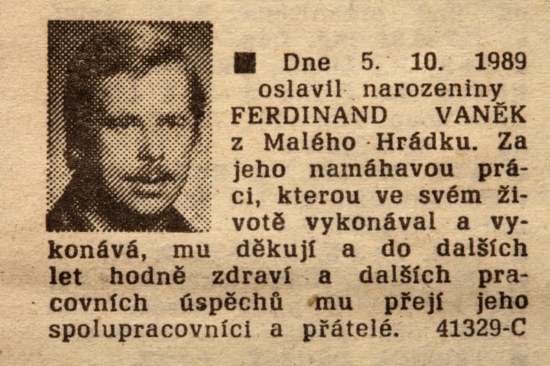 Narozeninové přání Václavu Havlovi v Rudém právu, adresované jeho pseuonymu – Ferdinandu Vaňkovi.