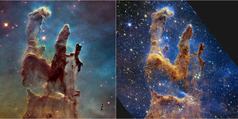 Vlevo Pilíře stvoření, které zachytil Hubbleův vesmírný teleskop. Vpravo stejný úkaz zachycen v blízkém infračerveném světle skrze vesmírný dalekohled Jamese Webba.