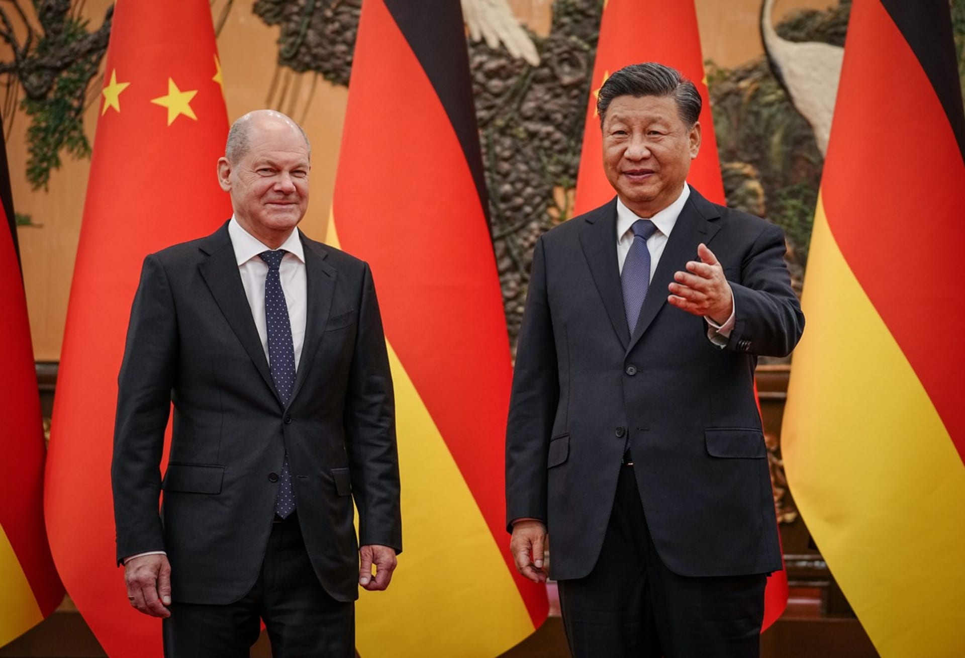 Německý kancléř Olaf Scholz a čínský prezident Si Ťin-pching