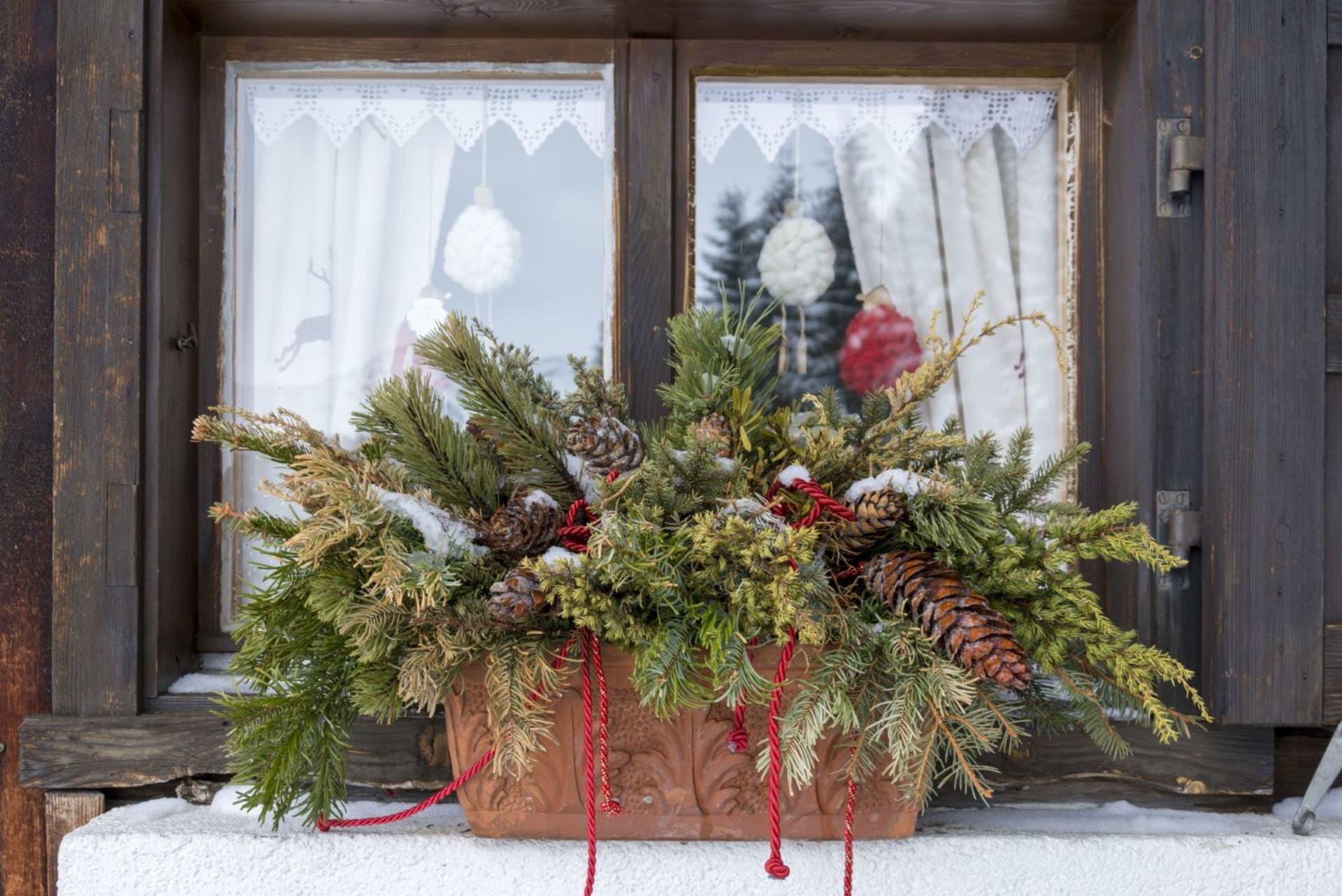 Truhlíky nazdobte větvičkami i šiškami jehličnanů, kousky stálezelených dřevin i vánočními dekoracemi