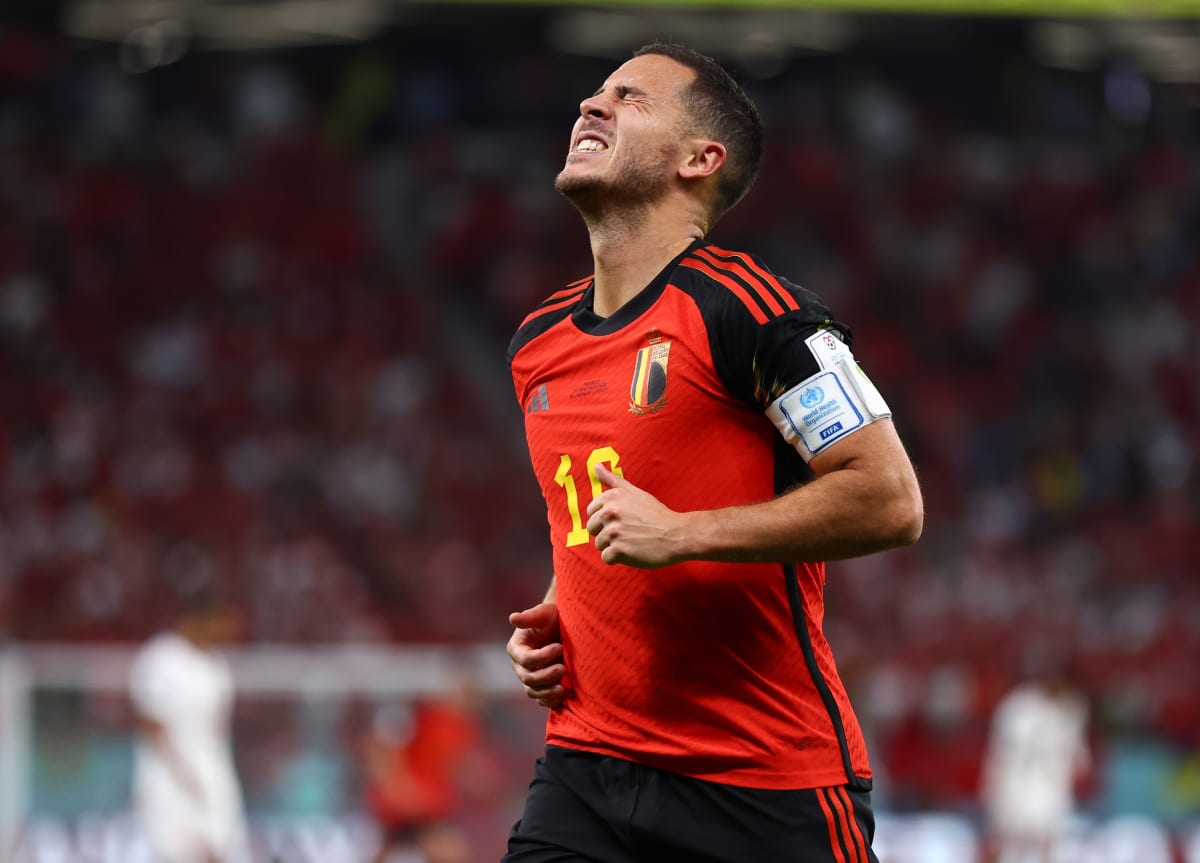 Eden Hazard s bolestivou grimasou ve tváři. Jeho Belgie senzačně padla s Marokem.