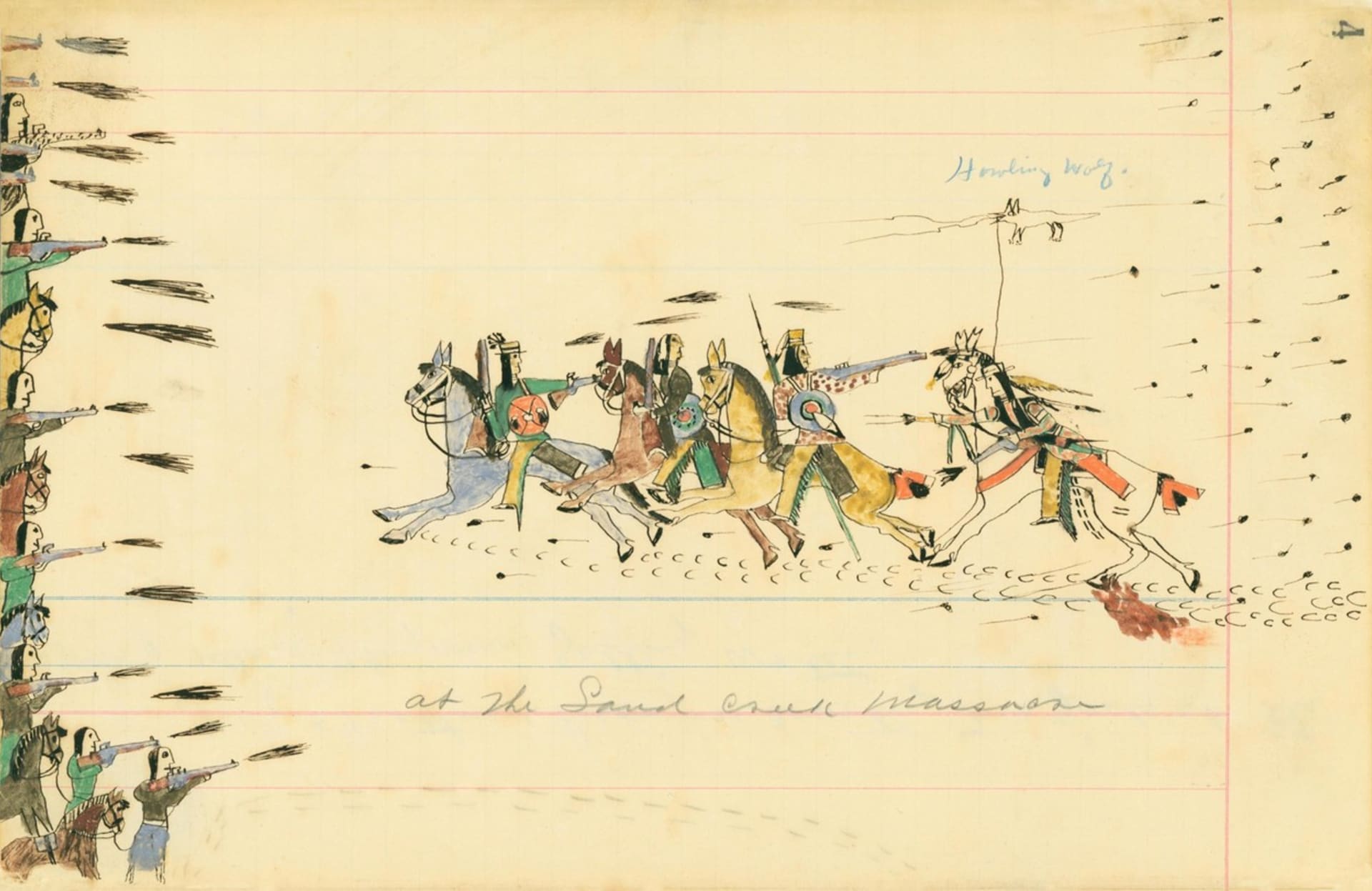 Takto v roce 1874 nakreslil své vzpomínky na útok tehdy 15letý Vyjící vlk