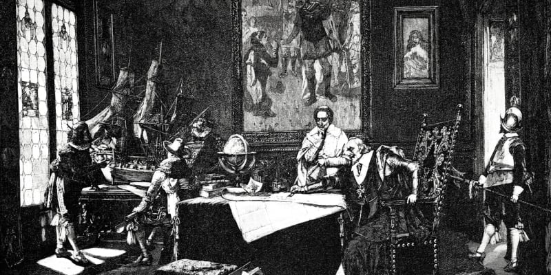Kardinál Richelieu během oblhání města La Rochelle 