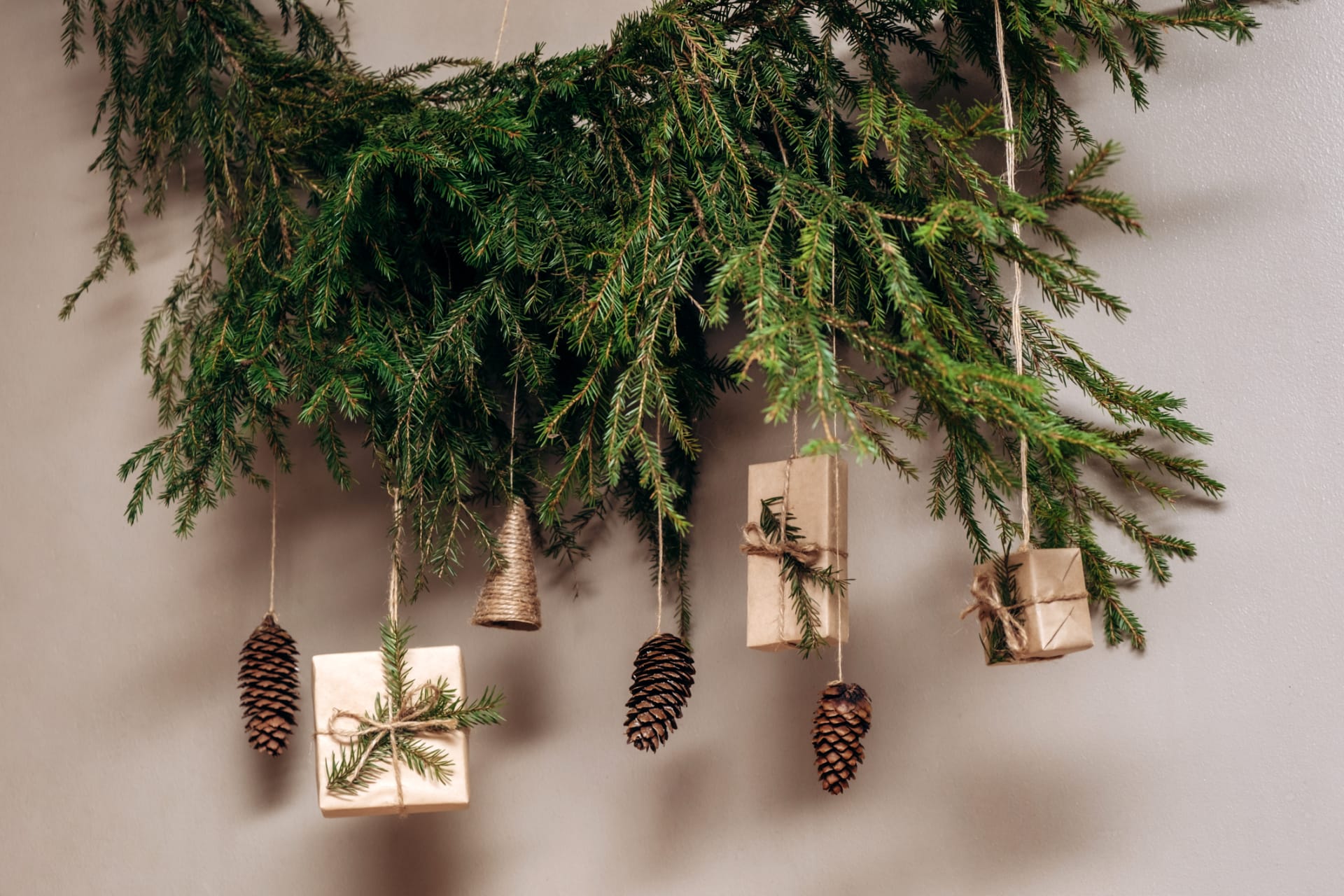 Větev můžete zavěsit na zeď a ozdobit jako vánoční stromek