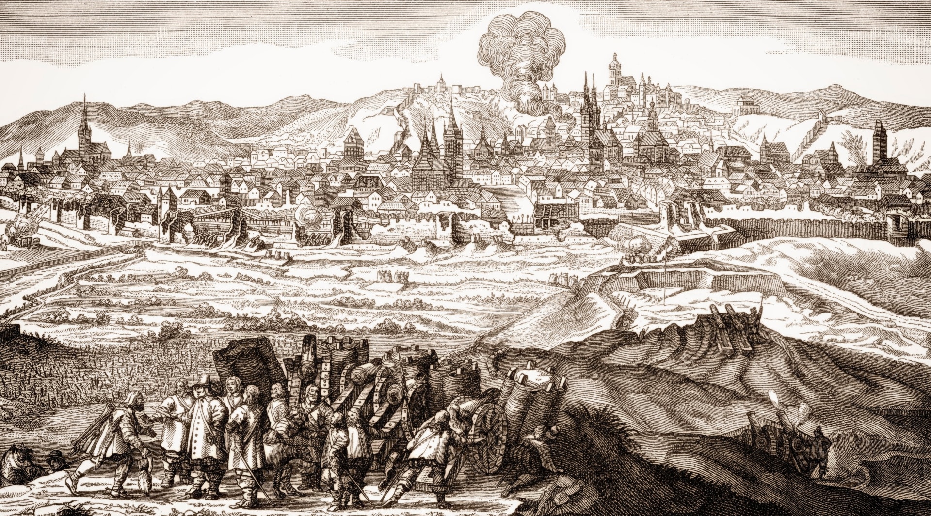 Dobová rytina ukazuje švédské dobývání Prahy během třicetileté války.