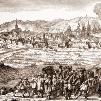 Dobová rytina ukazuje švédské dobývání Prahy během třicetileté války.