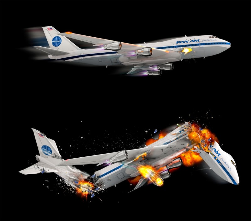 Ilustrace rozpadu letadla po explozi