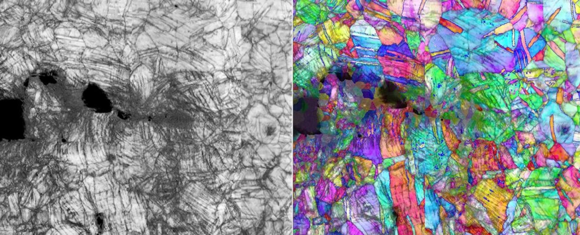 Mikroskopické snímky deformace krystalové struktury, která zvyšuje odolnost proti lomu