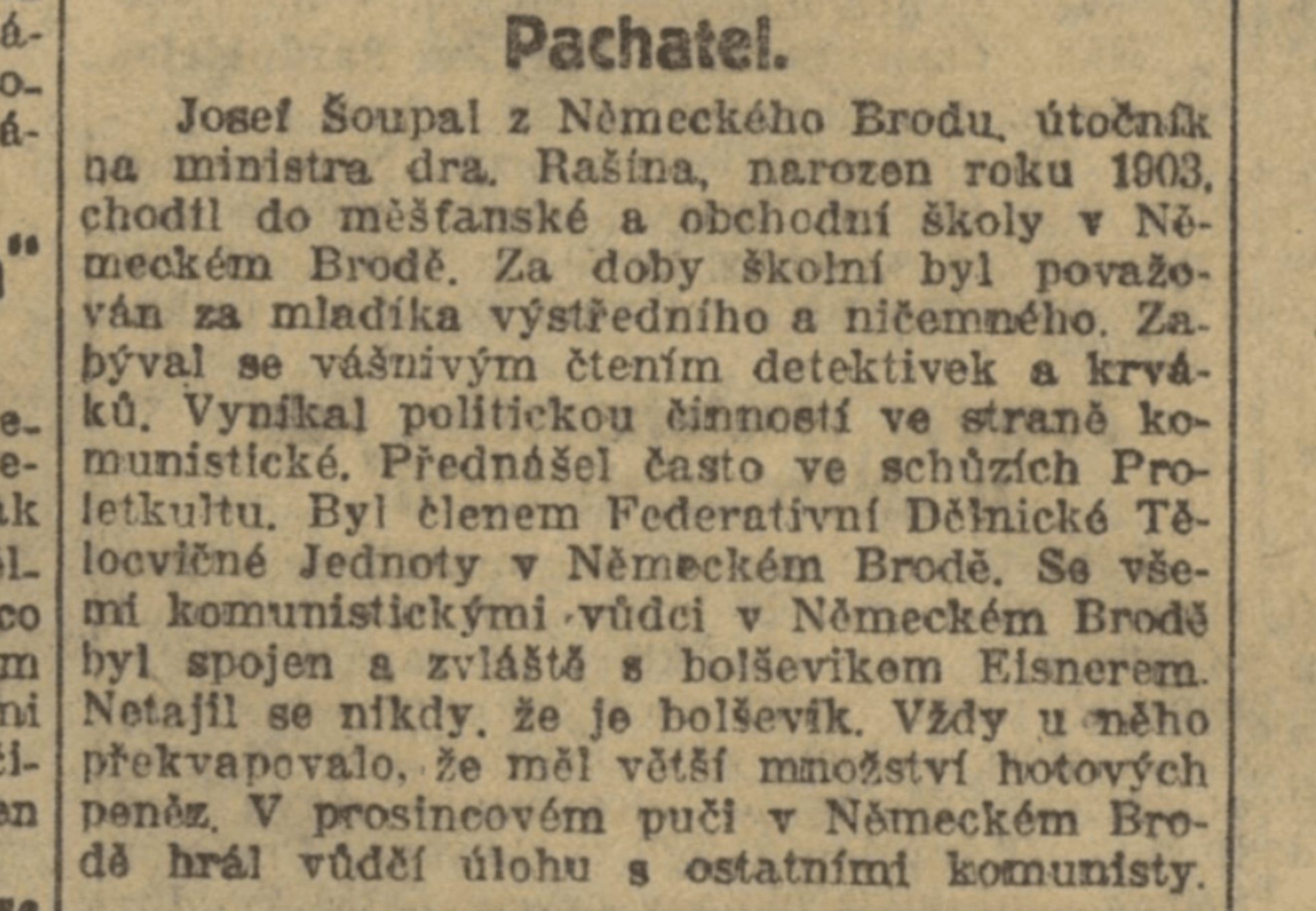 Národní listy o pachateli, 6. ledna 1923. Zdroj Národní digitální knihovna Kramerius.