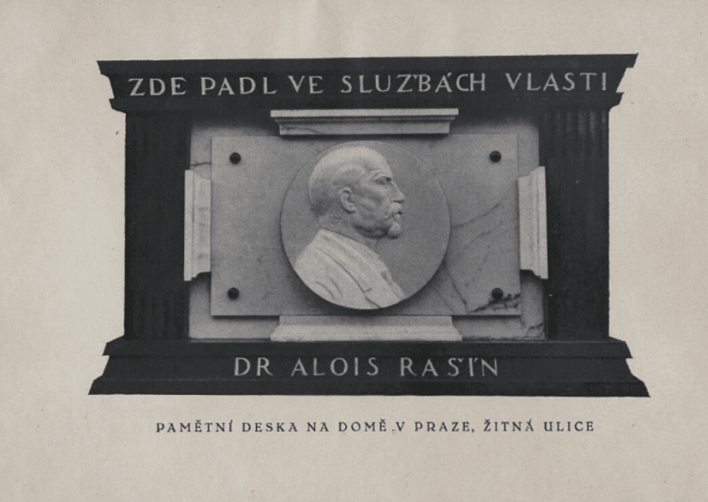 Pamětní deska v Žitné ulici. Zdroj Alois Rašín. Úvahy a vzpomínky, Praha 1926. Národní digitální knihovna Kramerius.