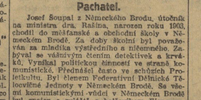 Národní listy o pachateli, 6. ledna 1923. Zdroj Národní digitální knihovna Kramerius.