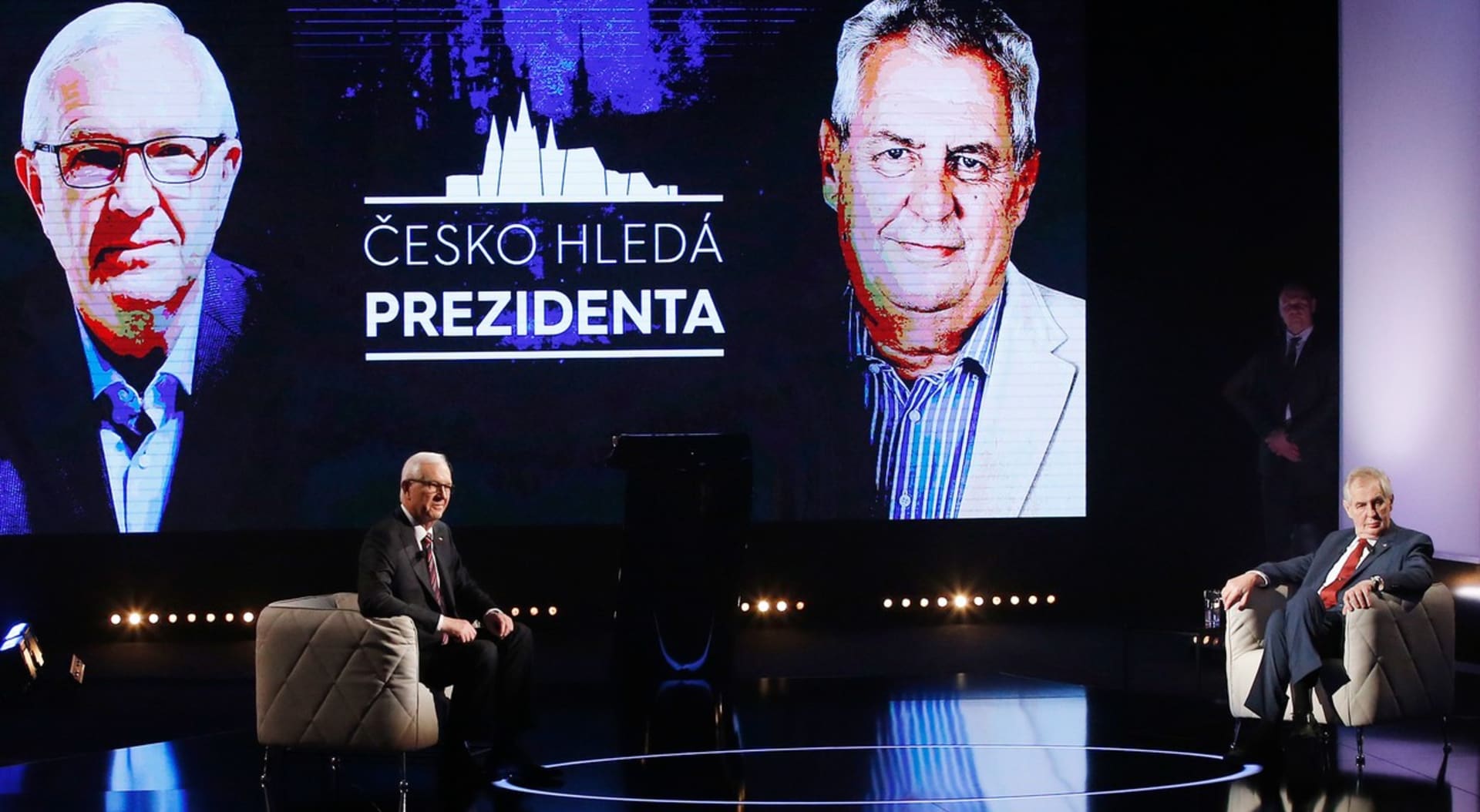 Předvolební duel mezi Jiřím Drahošem a Milošem Zemanem na televizi Prima v lednu 2018