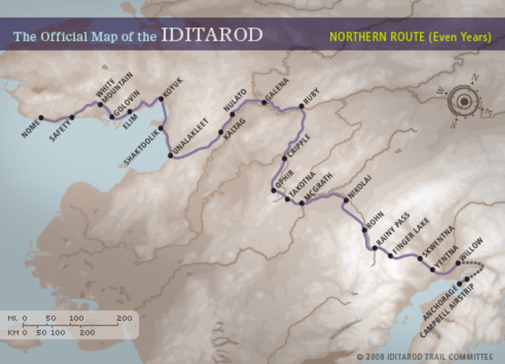 Mapa závodu Iditarod