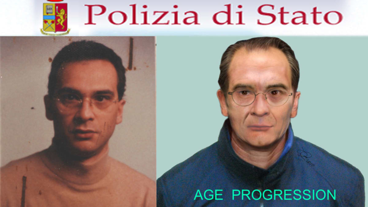Matteo Messina Denaro na staré fotografii a na policejním portrétu pro účely pátrání