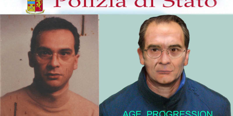 Matteo Messina Denaro na staré fotografii a na policejním portrétu pro účely pátrání