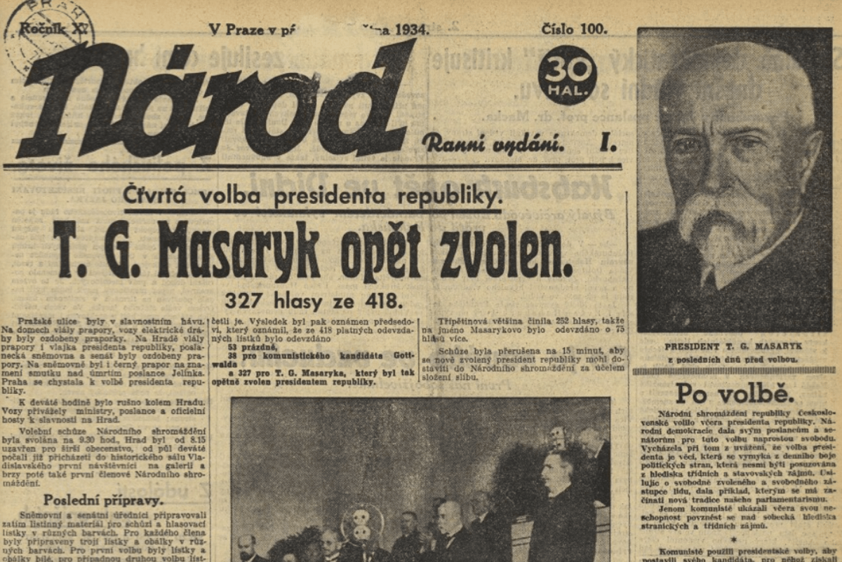 Národní listy z 25. 5. 1934 oznamují zvolení Masaryka prezidentem. Zdroj Kramerius, Moravská zemská knihovna v Brně. 