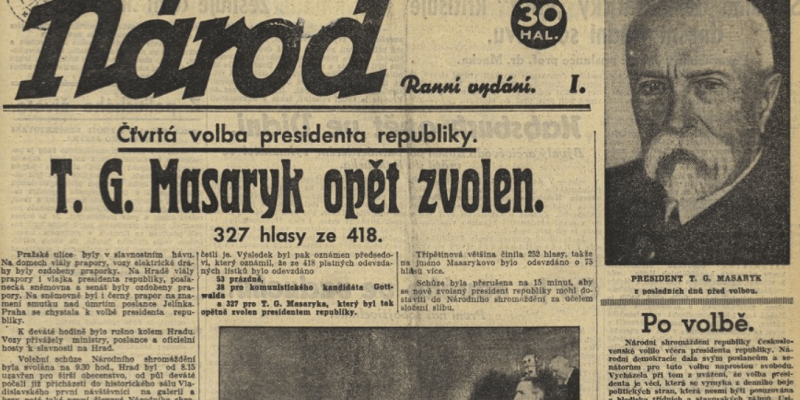 Národní listy z 25. 5. 1934 oznamují zvolení Masaryka prezidentem. Zdroj Kramerius, Moravská zemská knihovna v Brně. 