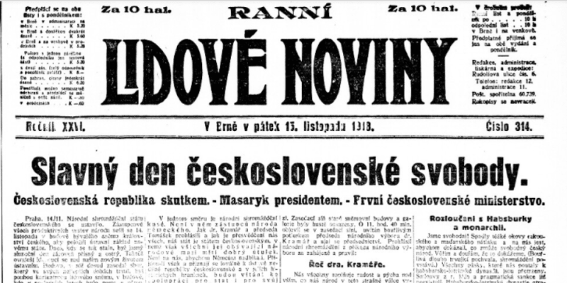 Lidové noviny z 15. 11. 1918 oznamují zvolení Masaryka prezidentem. Zdroj Kramerius, Moravská zemská knihovna v Brně. 
