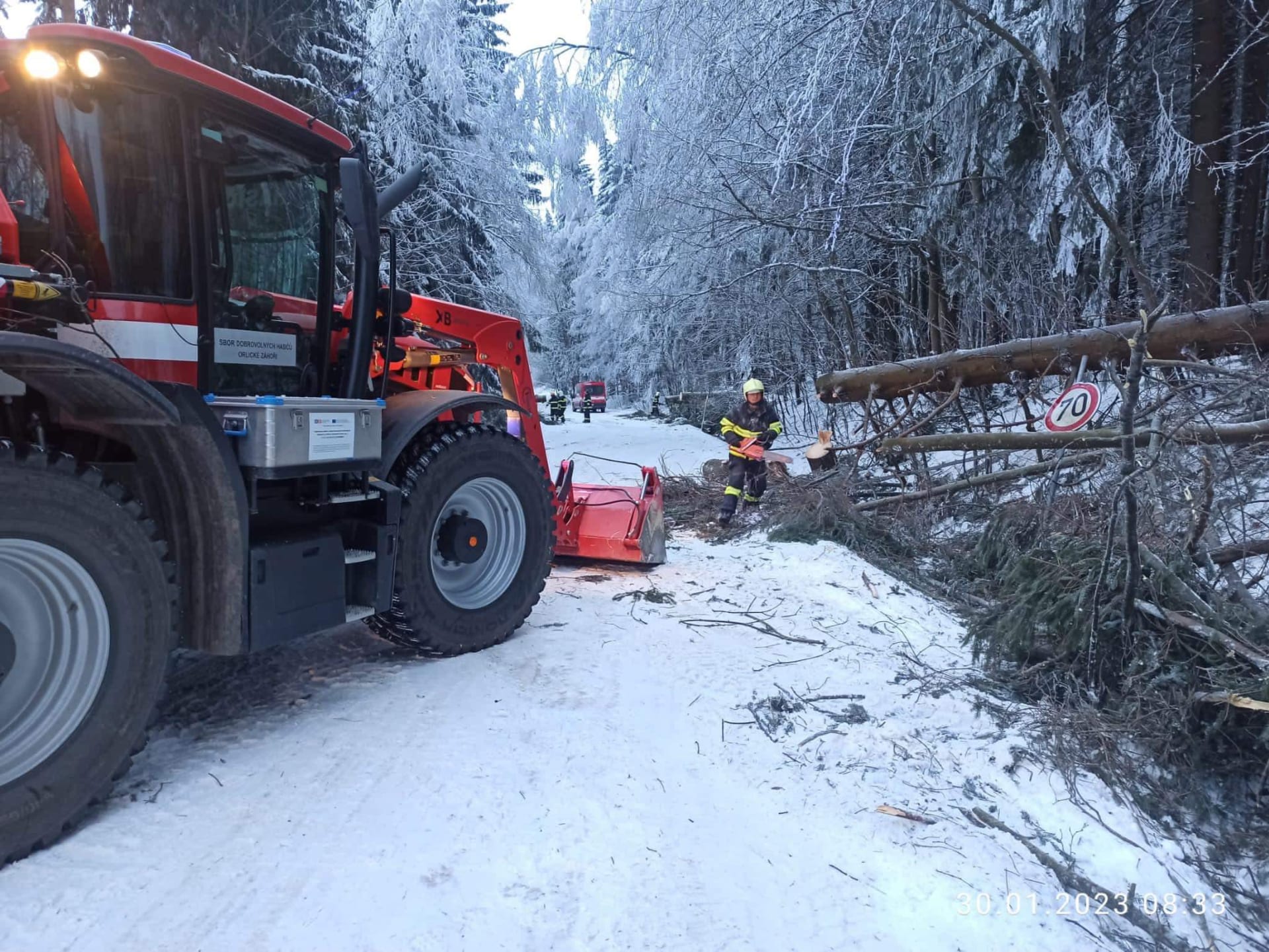 Odstraňování stromů ze silnice na Šerlich v Orlických horách. 