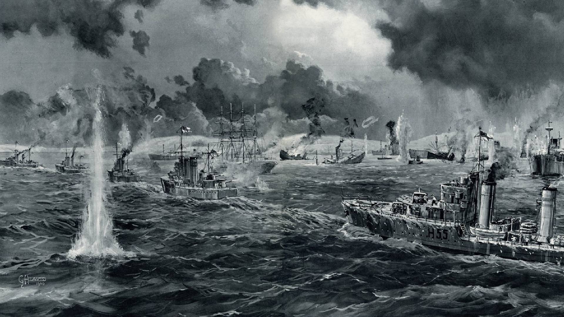 Dobová ilustrace zachycující námořní boje o Narvik