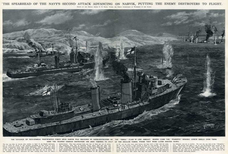 Dobová ilustrace zachycuje bitvu na hladině fjordu