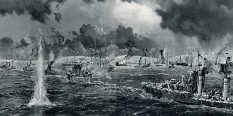 Dobová ilustrace zachycující námořní boje o Narvik