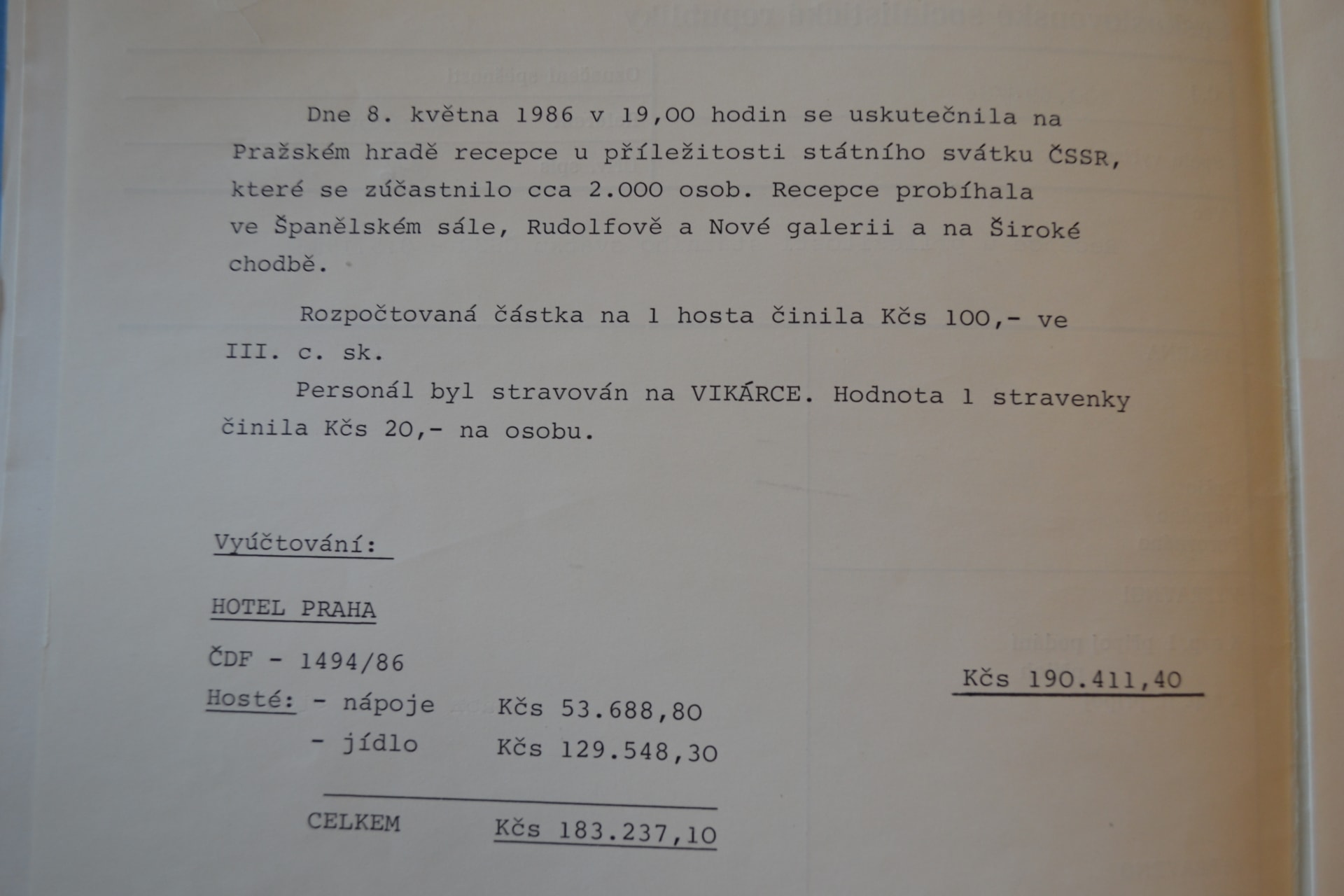 Rozpočet pro státní večeři na Hradě za Gustáva Husáka. Zdroj Archiv KPR, reprofoto Ivan Motýl.