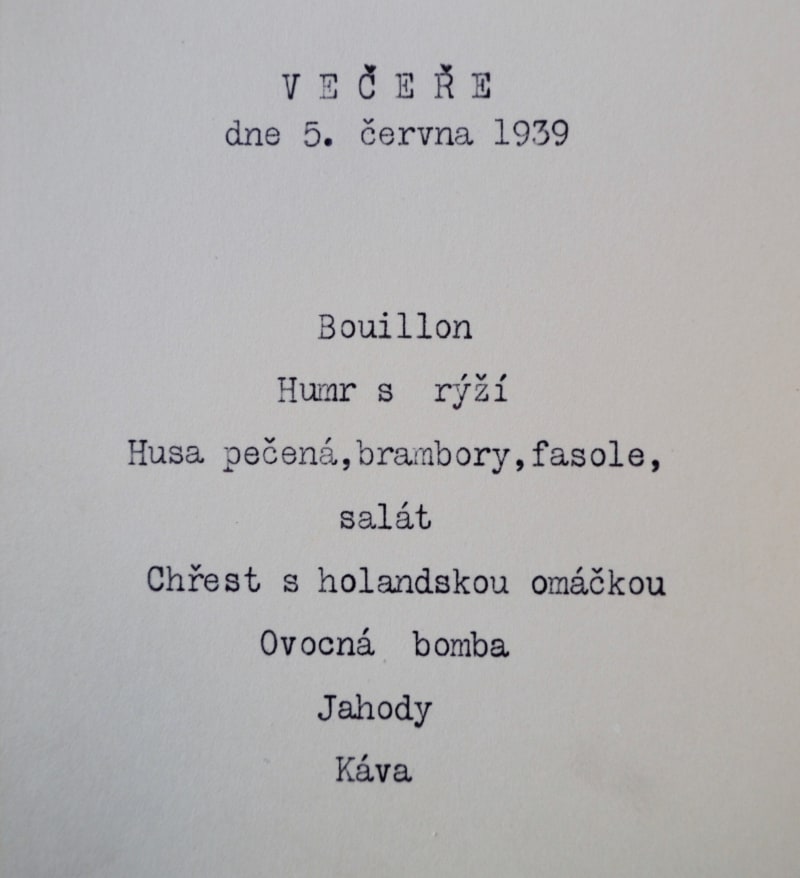 Hradní menu, 5. červen 1939, za prezidenta Emila Háchy. Zdroj Archiv KPR, reprofoto Ivan Motýl.