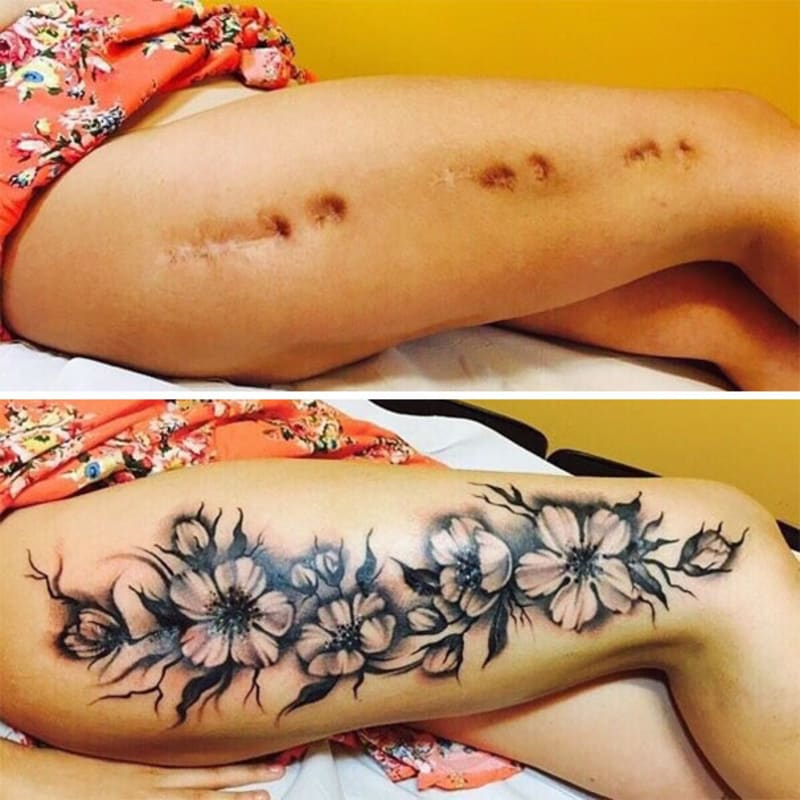 Přestože jde o velké krycí tetování, díky květinám působí vkusně.