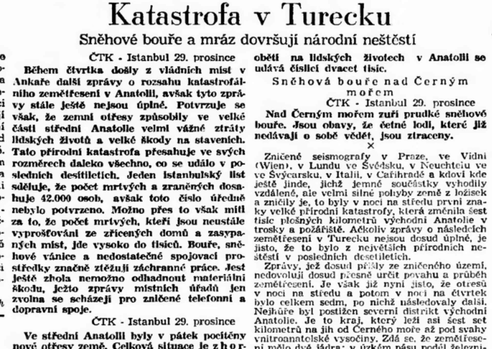 Zprávy ČTK o zemětřesení z 27. prosince 1939. Zdroj Národní digitální knihovna Kramerius.