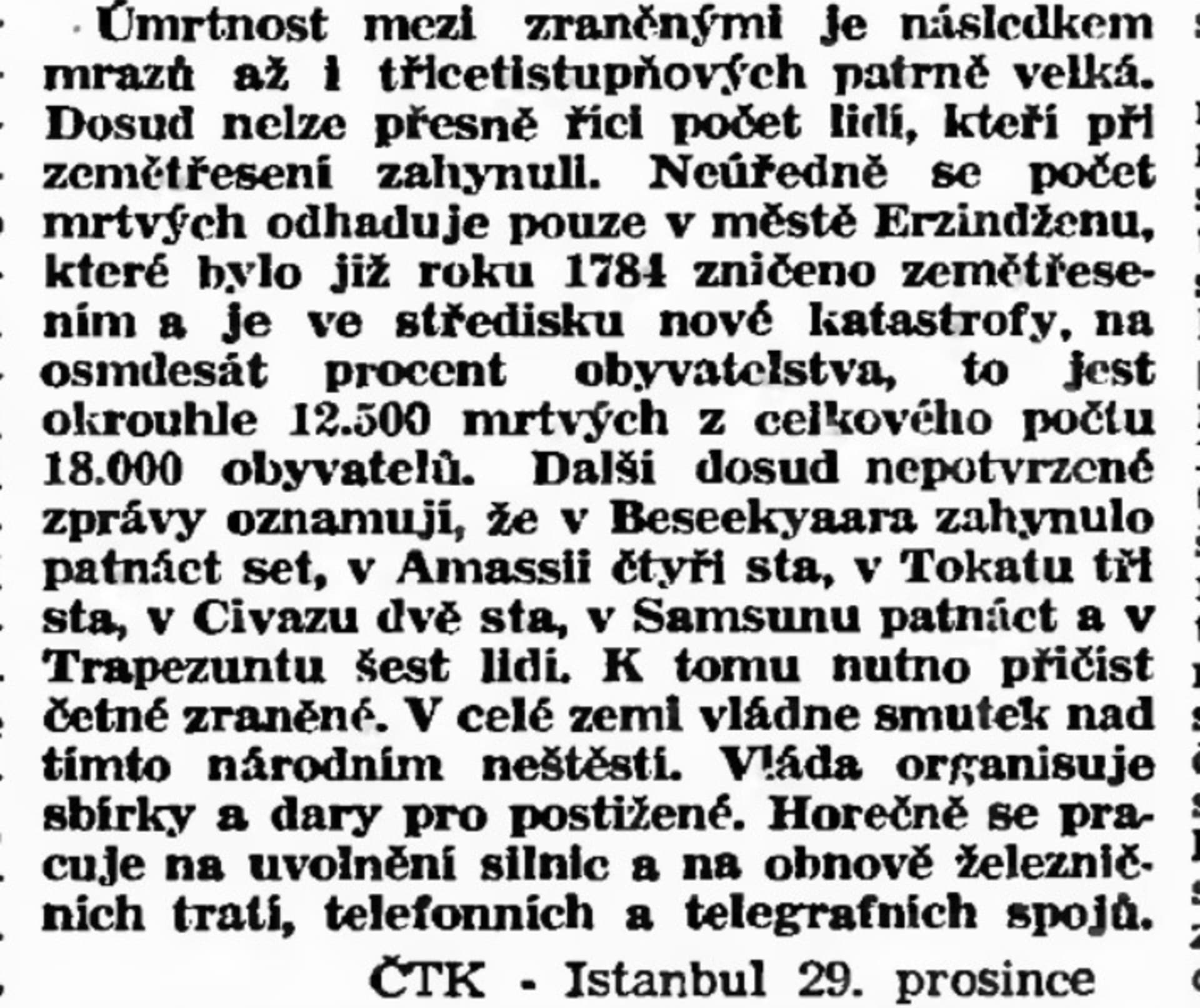 Zpráva ČTK o zemětřesení z 29. prosince 1939. Zdroj Národní digitální knihovna Kramerius.