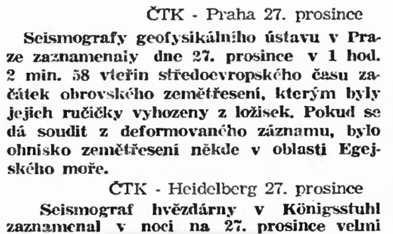Zpráva ČTK o zemětřesení z 27. prosince 1939. Zdroj Národní digitální knihovna Kramerius.