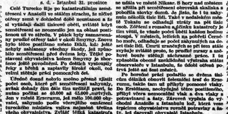 Zpráva ČTK o zemětřesení z 31. prosince 1939. Zdroj Národní digitální knihovna Kramerius.