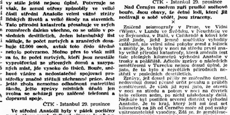 Zprávy ČTK o zemětřesení z 27. prosince 1939. Zdroj Národní digitální knihovna Kramerius.