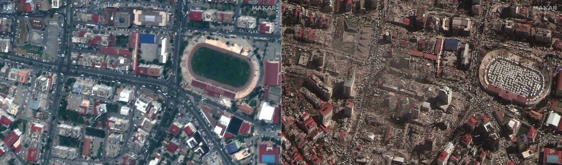 Satelitní snímky před (vlevo) a po (vpravo) zemětřesení v tureckém Kahramanmaraş.