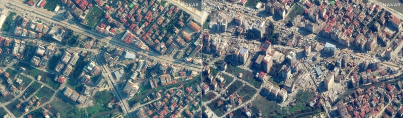 Satelitní snímky před (vlevo) a po (vpravo) zemětřesení v tureckém městě Antakya.