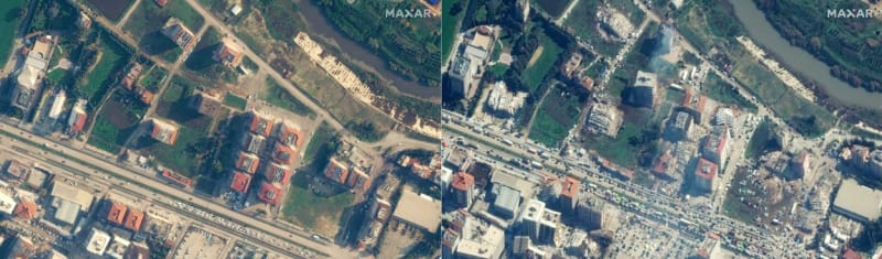 Satelitní snímky před (vlevo) a po (vpravo) zemětřesení v tureckém městě Antakya.