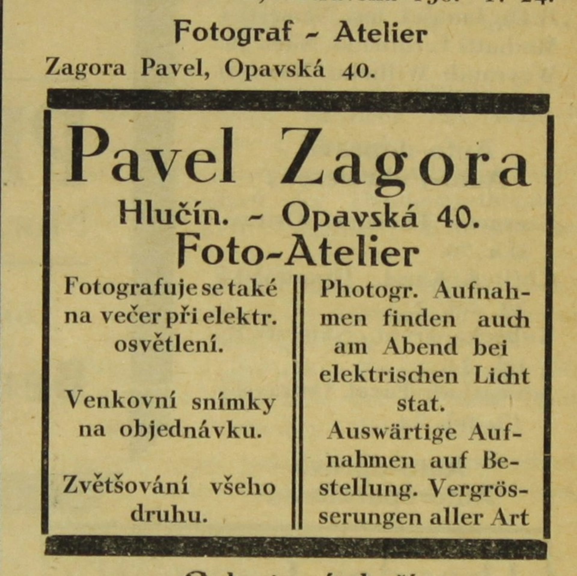 Reklama na Zagorův ateliér v Hlučíně z roku 1928. Zdroj Muzeum Hlučínska v Hlučíně.