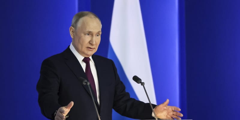 Vladimir Putin při projevu před ruským parlamentem (21.2.2023).