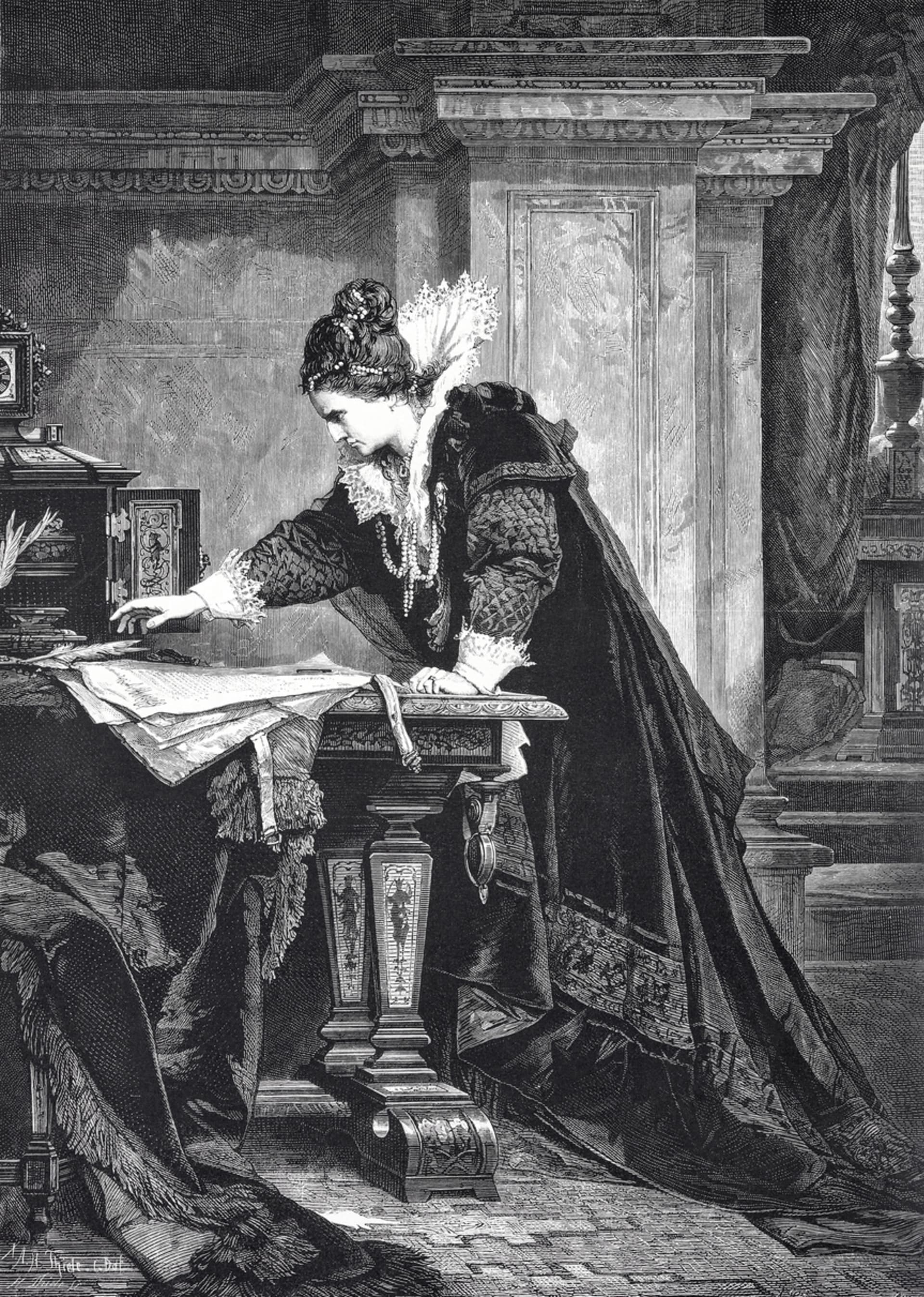 Královna Alžběta I. podepisuje příkaz k popravě Marie Stuartovny